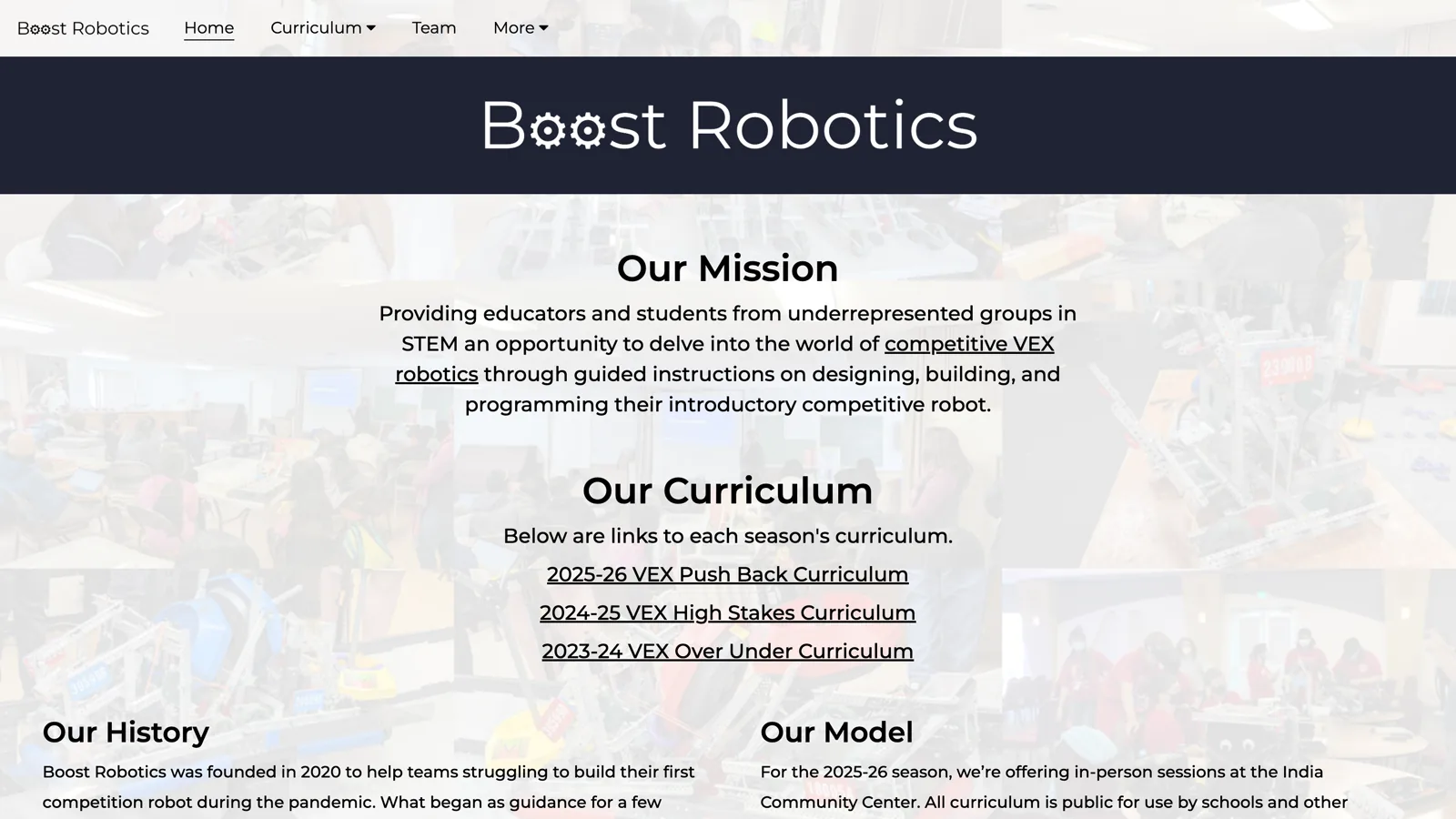 The Boost Robotics site showing its mission statement and program model