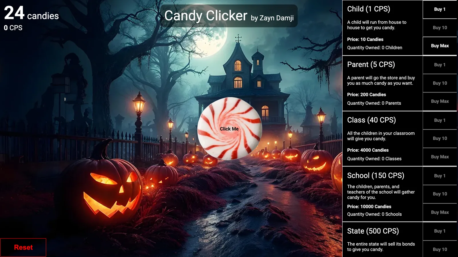 Candy Clicker's board with a candy count, upgrade panel and a Halloween scene