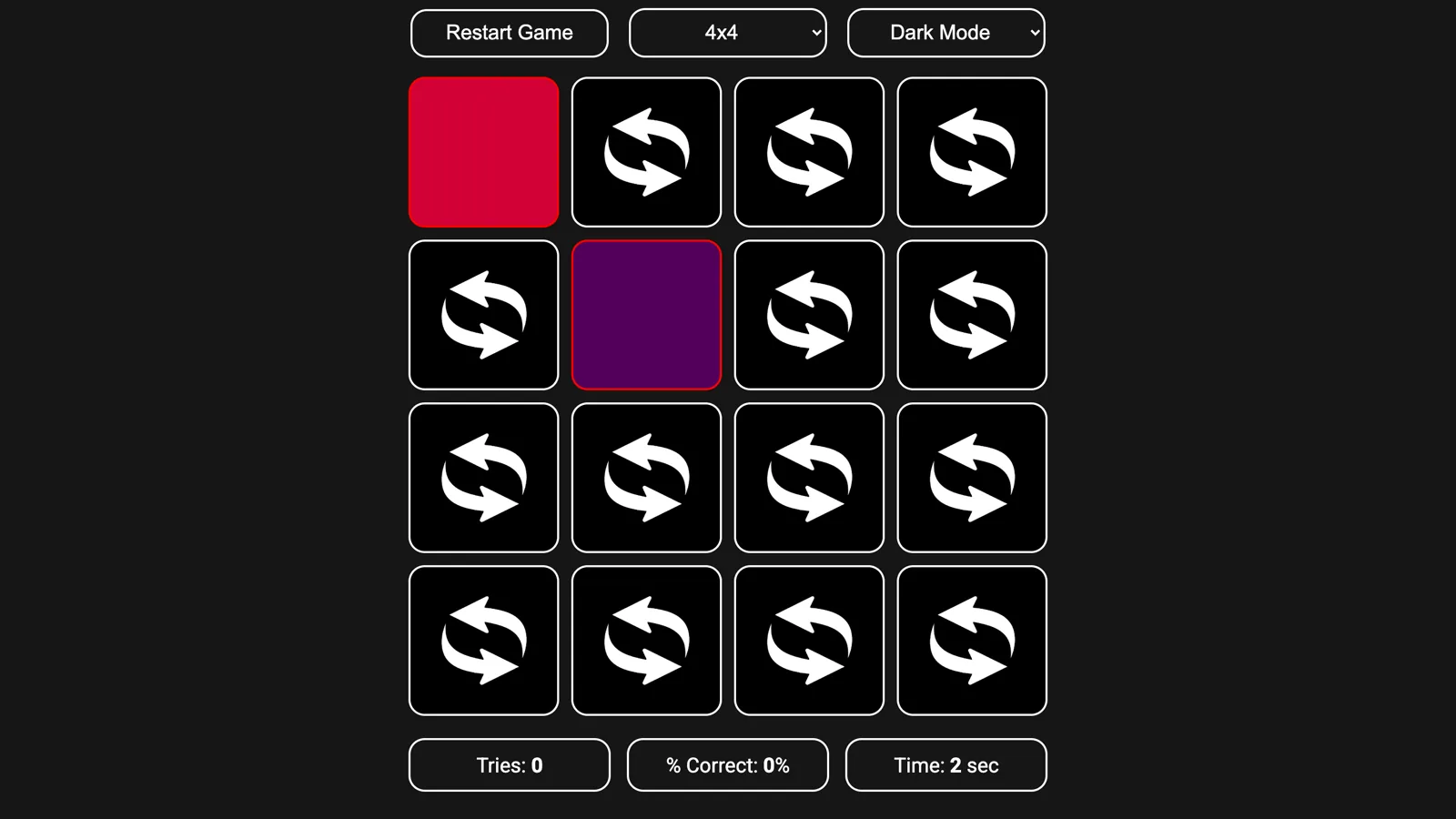 Memory Flip's four-by-four board with two cards turned face up