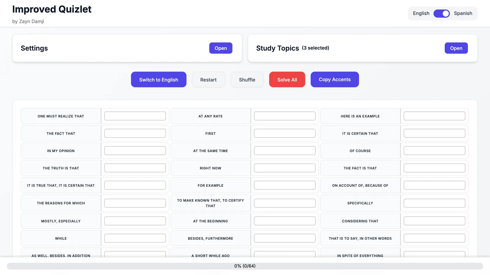 Improved Quizlet matching Spanish and English phrase pairs in a study grid