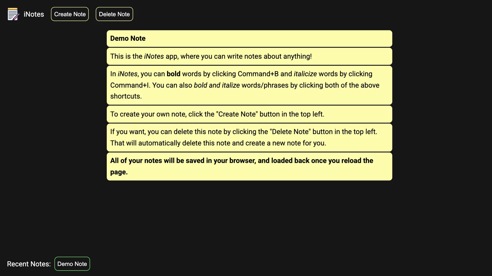 The iNotes editor with a demo note explaining bold and italic keyboard shortcuts