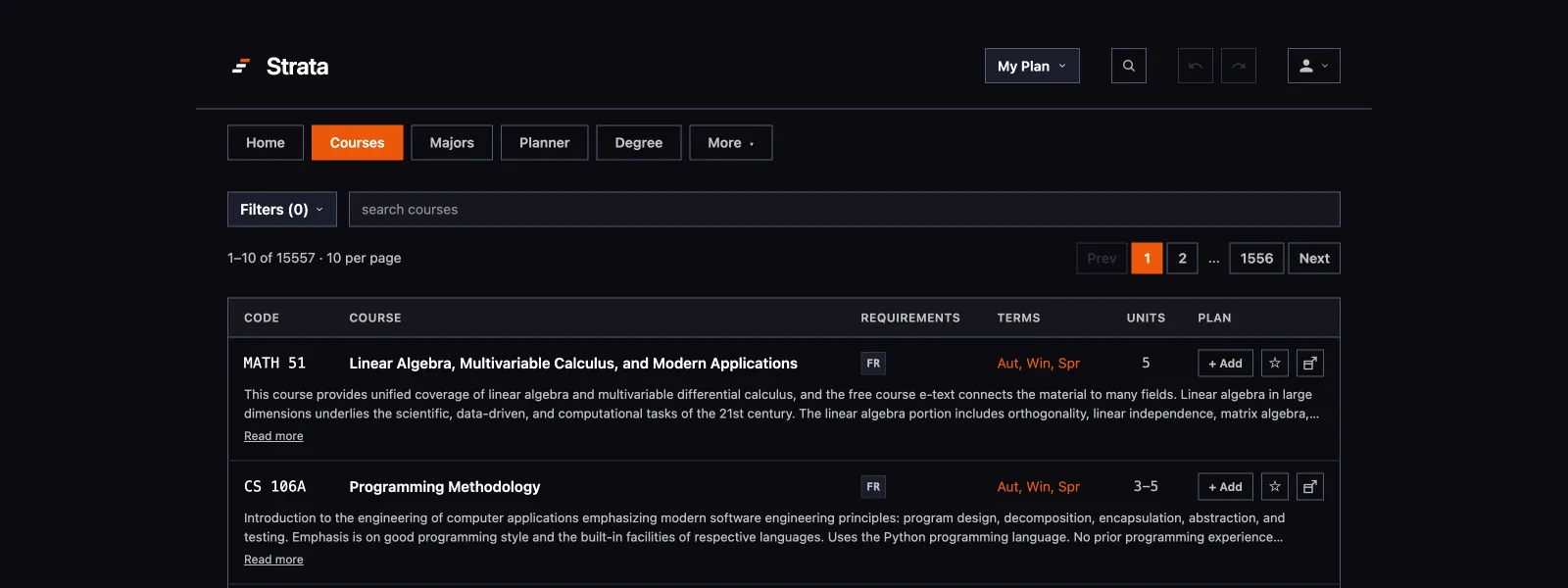 Strata's course browser listing Stanford courses with requirement tags, terms and unit counts
